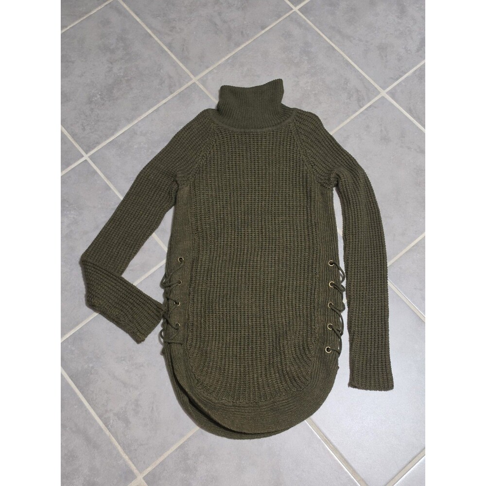 De Rothschild Women's Turtleneck Tunic Sweater Olive Green Lace-Up Sides Size M